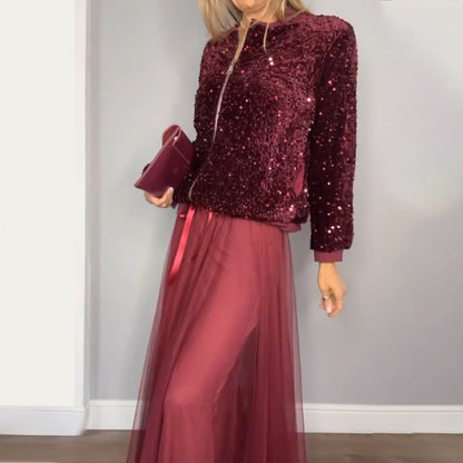 Sequined Full-Zip Jacket & Skirt 2-Piece Set