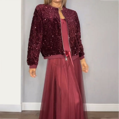 Sequined Full-Zip Jacket & Skirt 2-Piece Set