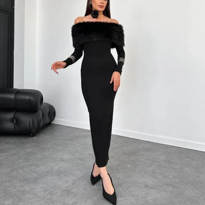 Women's Off-Shoulder Midi Dress with Plush Collar