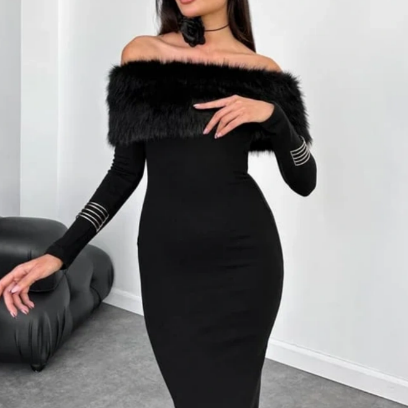 Women's Off-Shoulder Midi Dress with Plush Collar