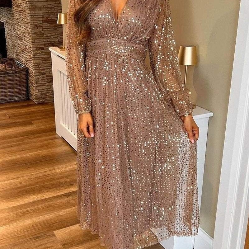 Elegant Sequin V-Neck Waist Cinching Dress