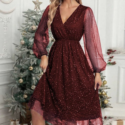 Elegant Sequin V-Neck Waist Cinching Dress