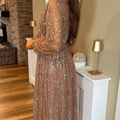 Elegant Sequin V-Neck Waist Cinching Dress