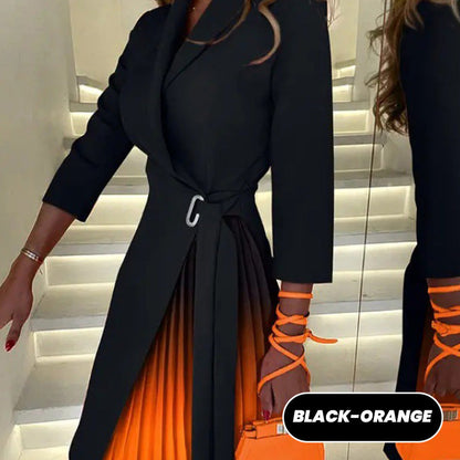 Ombre Lapel Neck Tied Waist Pleated Blazer Dress