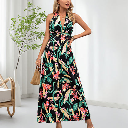 Women's Boho Floral Strap V Neck Halter Dress