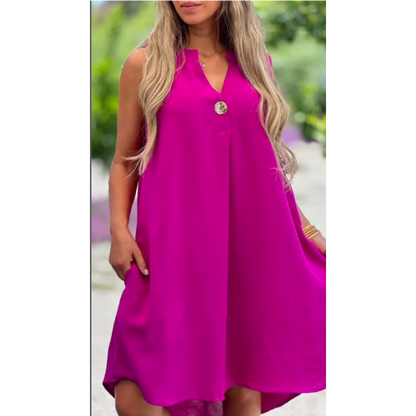 Solid Color Sleeveless V-Neck Dress with Button Decoration