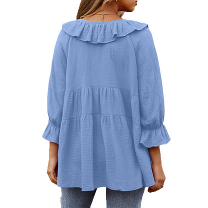 Women's 3/4 Sleeve Tie Front Ruffle Tiered Shirts