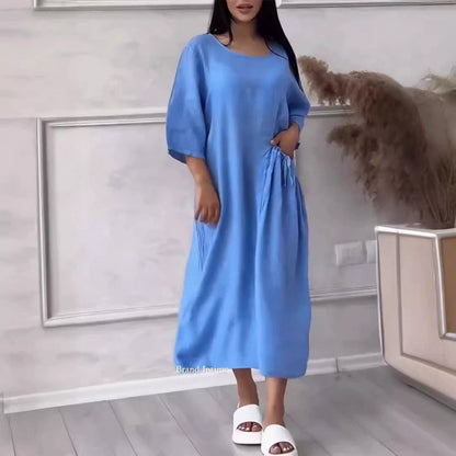 Women's Solid Color Loose Round Neck Midi Dress