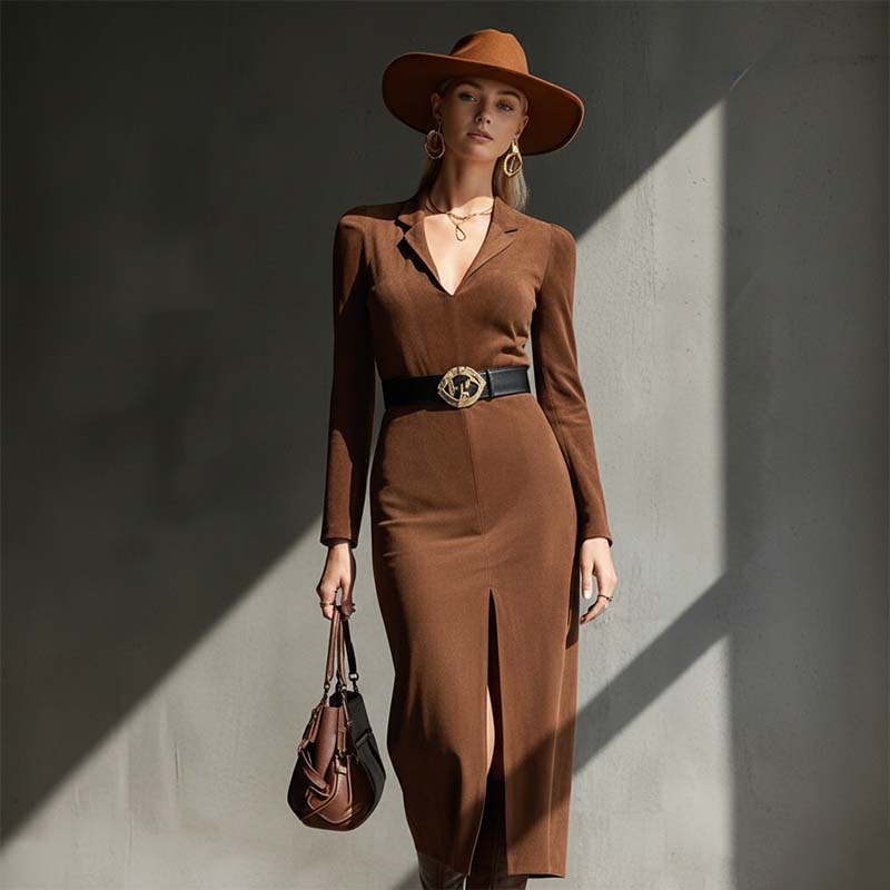 Langärmeliges Bodycon-Kleid mit V-Ausschnitt für Damen