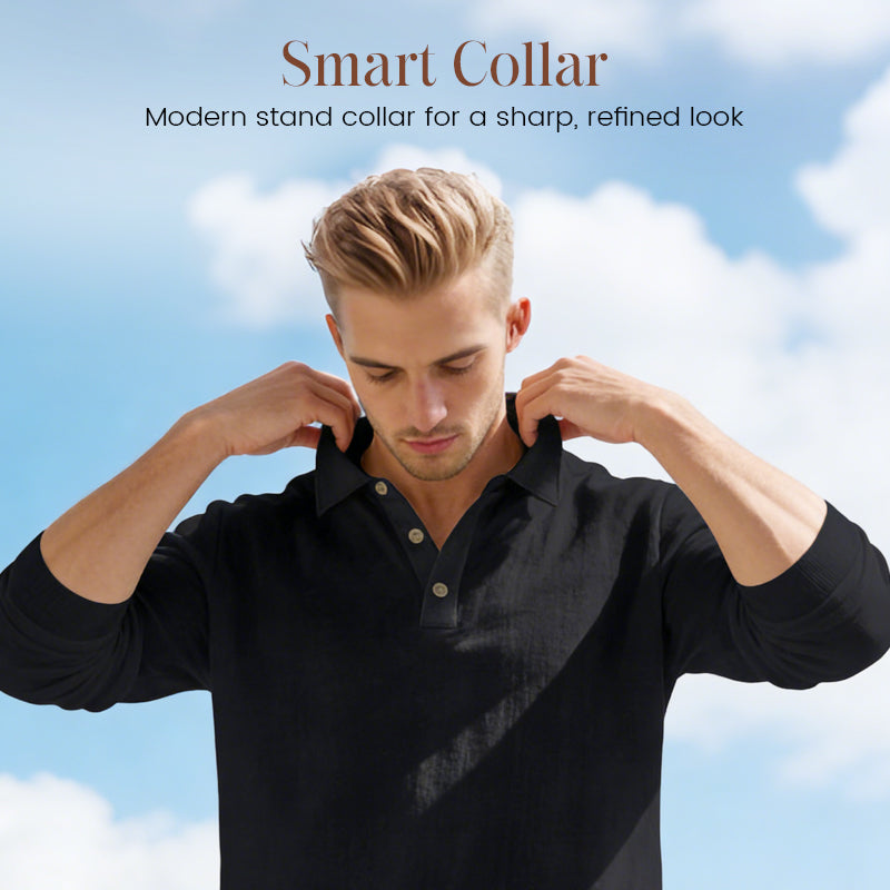👕🌞 Herren 2-teiliger Freizeit-Set – Leinen Polo-Shirt mit langen Ärmeln & Lange Hose, Ideal für Frühling & Sommer