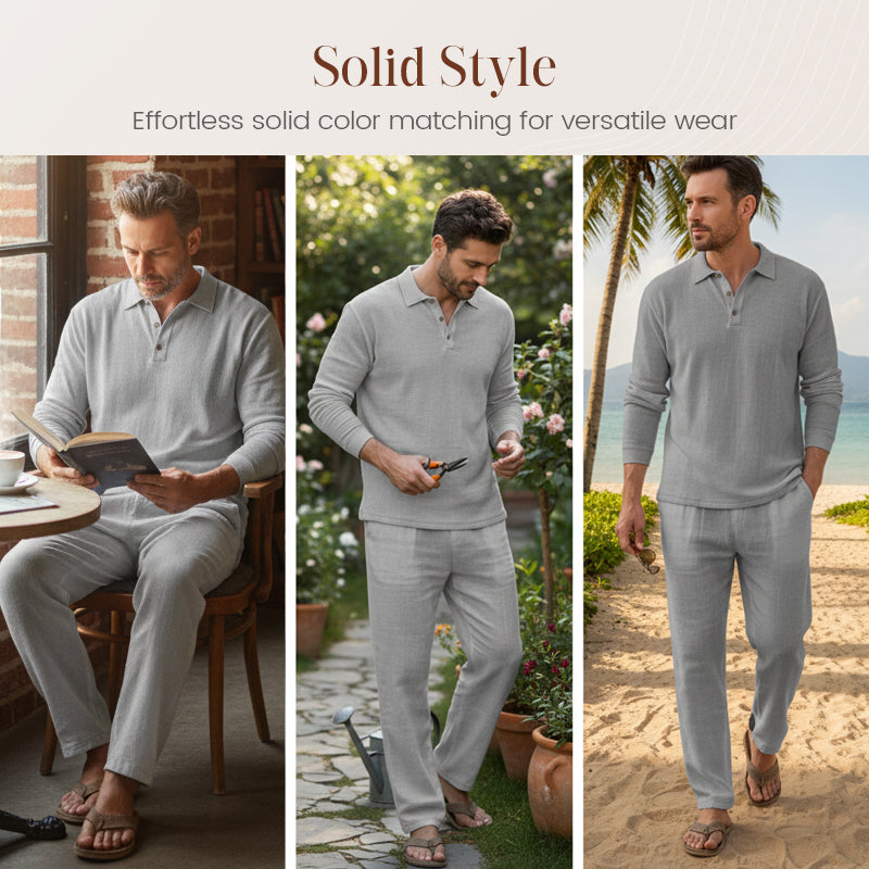 👕🌞 Herren 2-teiliger Freizeit-Set – Leinen Polo-Shirt mit langen Ärmeln & Lange Hose, Ideal für Frühling & Sommer