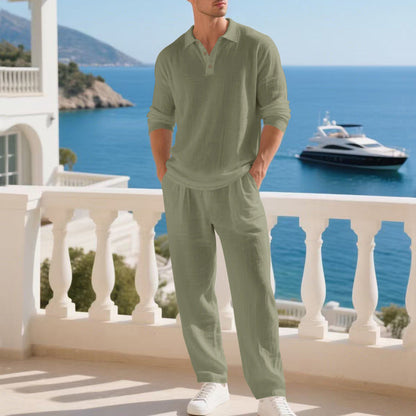 👕🌞 Herren 2-teiliger Freizeit-Set – Leinen Polo-Shirt mit langen Ärmeln & Lange Hose, Ideal für Frühling & Sommer