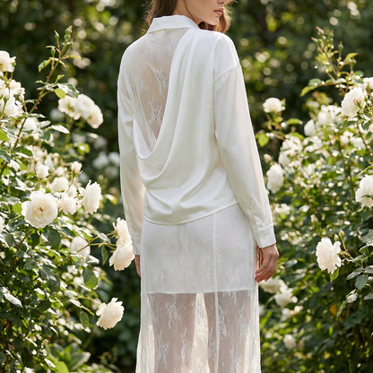 Damen-Set aus geknöpftem Oberteil und Rock mit Blumen-Spitze