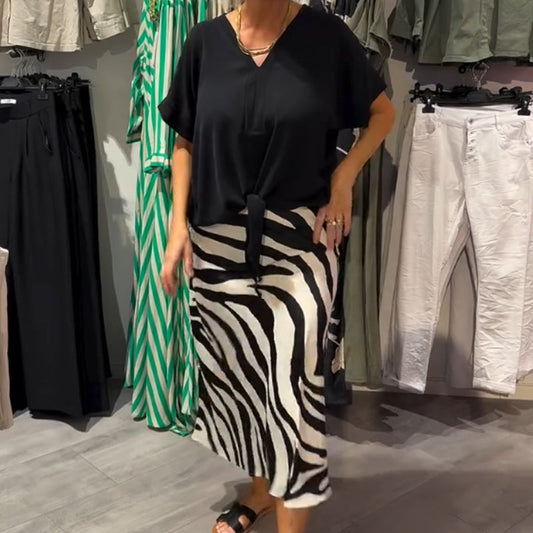 Damen lässiges Set aus Bluse mit Knoten vorne und Midirock