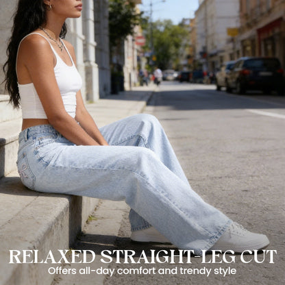 Gerade geschnittene Jeans mit hoher Taille und Schleifenstickerei