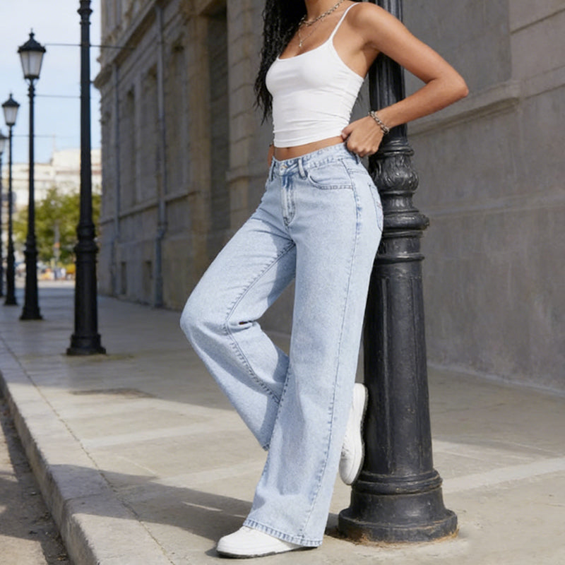 Gerade geschnittene Jeans mit hoher Taille und Schleifenstickerei