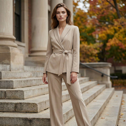 Eleganter Damen Hosenanzug: Blazer mit Bindegürtel und Hose mit weitem Bein