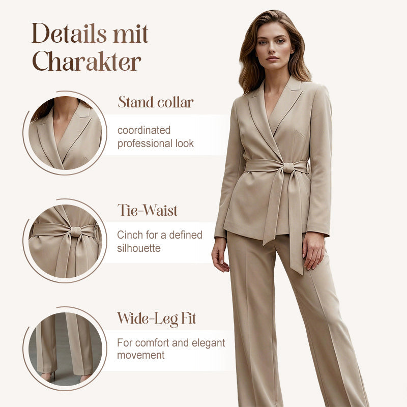 Eleganter Damen Hosenanzug: Blazer mit Bindegürtel und Hose mit weitem Bein