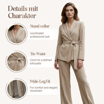 Eleganter Damen Hosenanzug: Blazer mit Bindegürtel und Hose mit weitem Bein