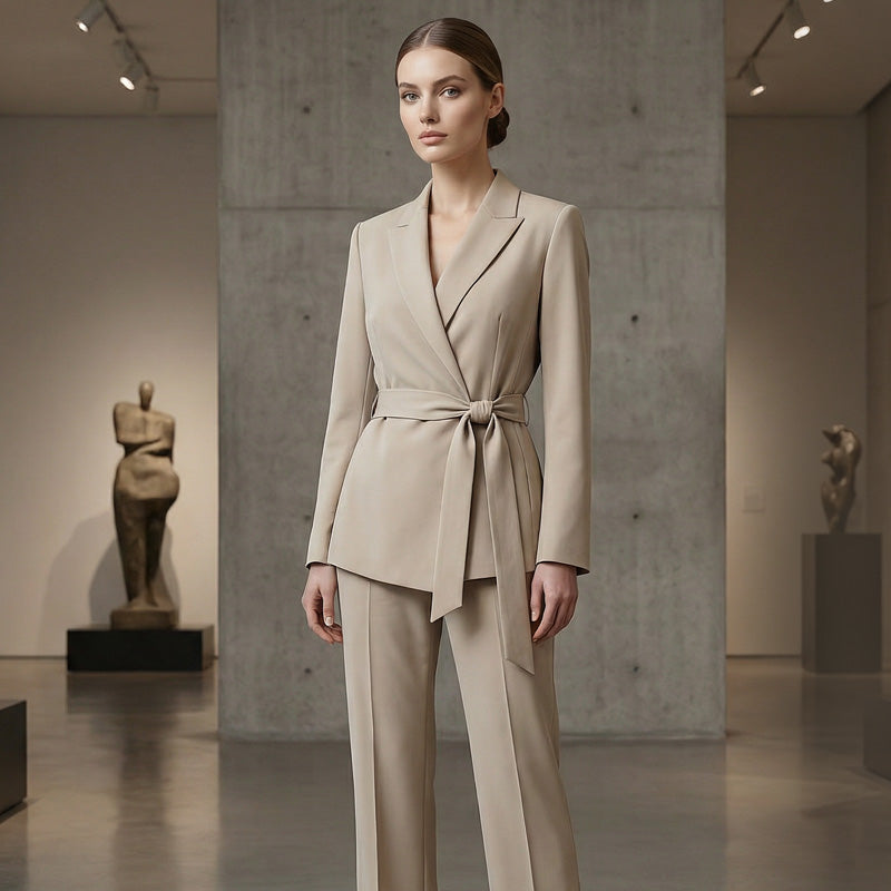 Eleganter Damen Hosenanzug: Blazer mit Bindegürtel und Hose mit weitem Bein