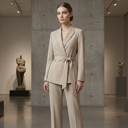 Eleganter Damen Hosenanzug: Blazer mit Bindegürtel und Hose mit weitem Bein