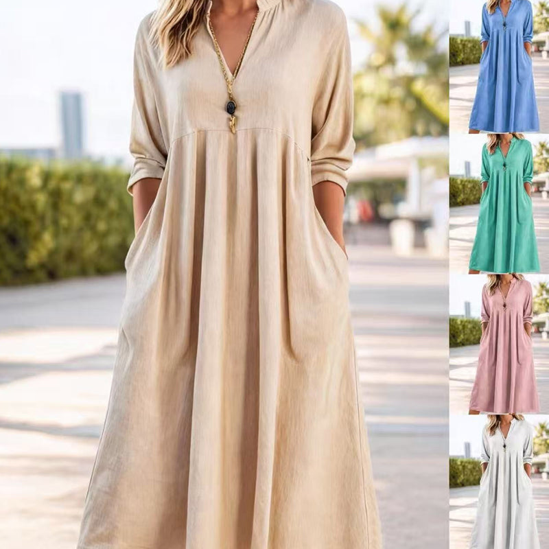 Damen Freizeit V-Ausschnitt Midi Kleid mit Taschen💞
