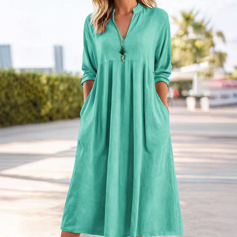 Damen Freizeit V-Ausschnitt Midi Kleid mit Taschen💞