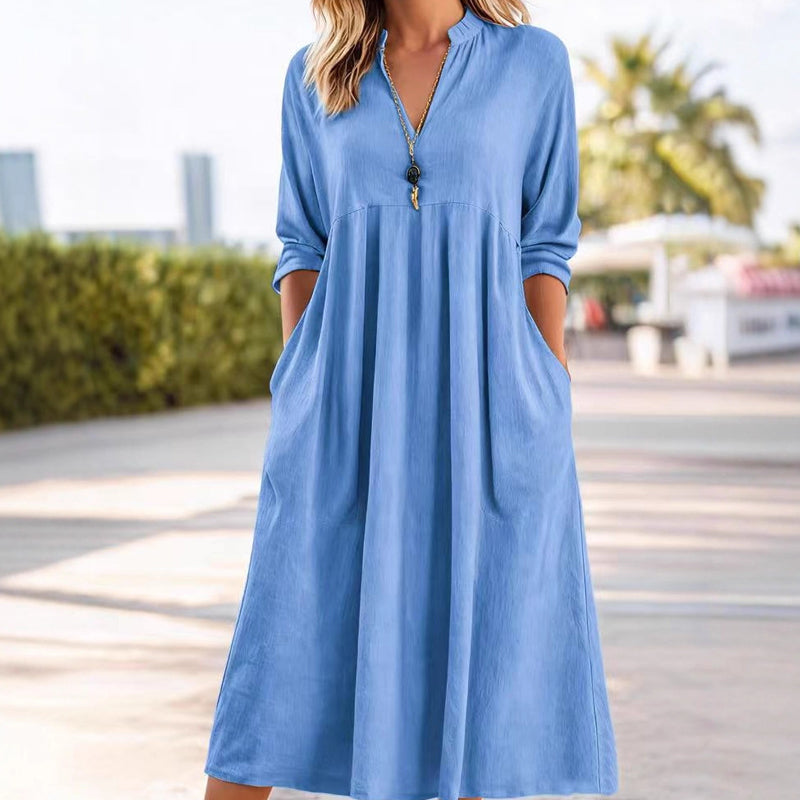 Damen Freizeit V-Ausschnitt Midi Kleid mit Taschen💞
