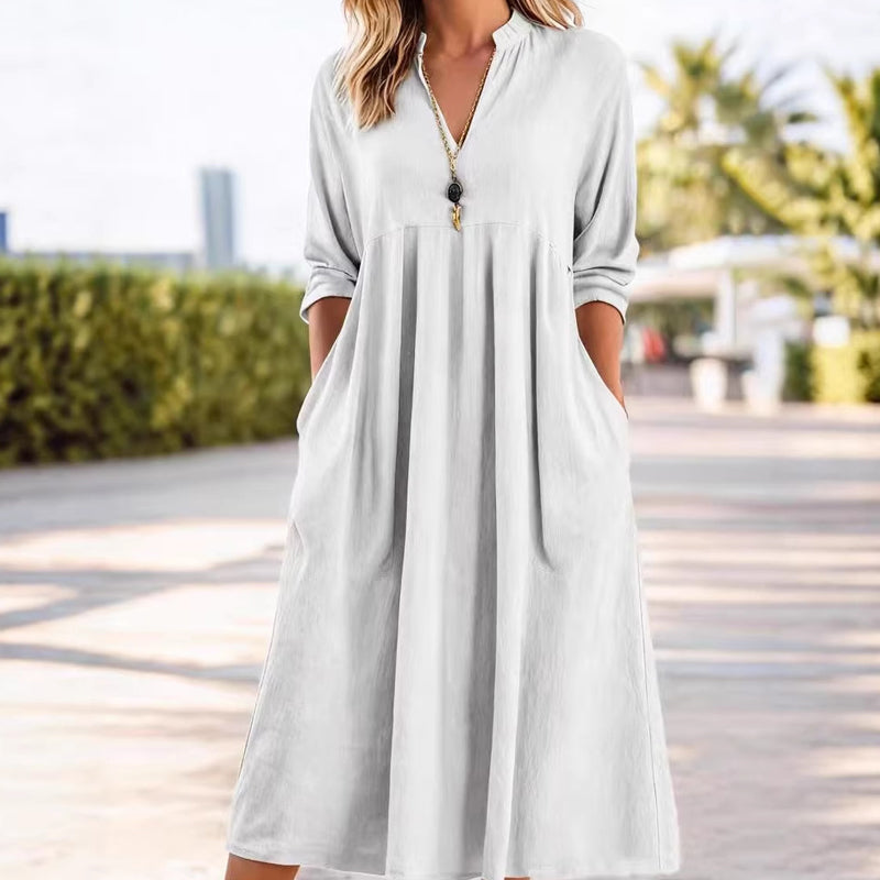 Damen Freizeit V-Ausschnitt Midi Kleid mit Taschen💞