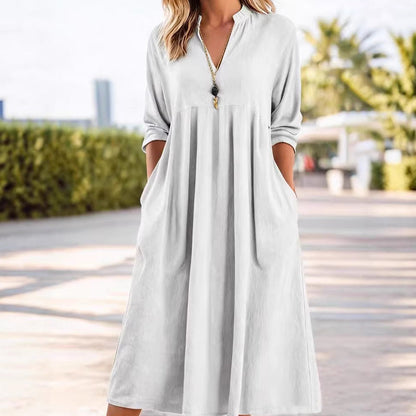 Damen Freizeit V-Ausschnitt Midi Kleid mit Taschen💞