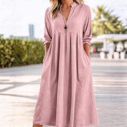 Damen Freizeit V-Ausschnitt Midi Kleid mit Taschen💞
