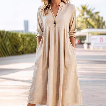 Damen Freizeit V-Ausschnitt Midi Kleid mit Taschen💞