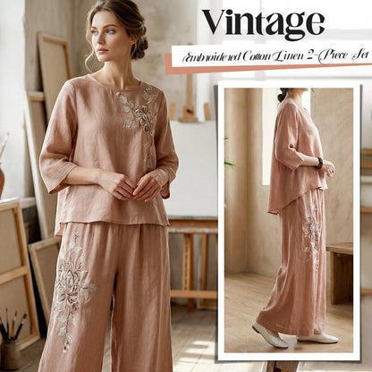 2-teiliges Set aus besticktem Baumwoll-Leinen im Vintage-Stil