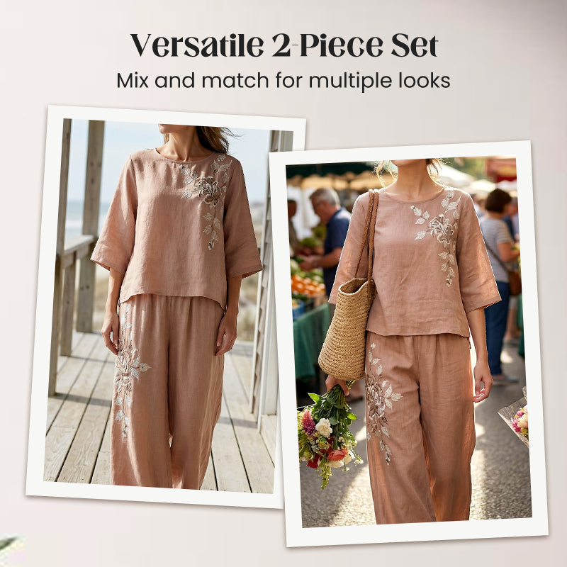 2-teiliges Set aus besticktem Baumwoll-Leinen im Vintage-Stil