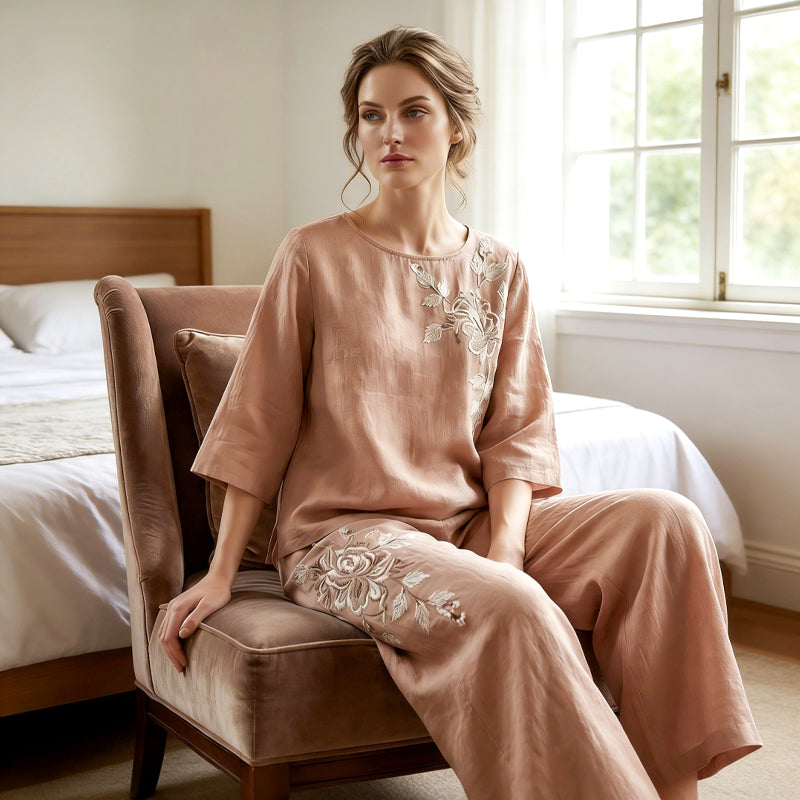 2-teiliges Set aus besticktem Baumwoll-Leinen im Vintage-Stil
