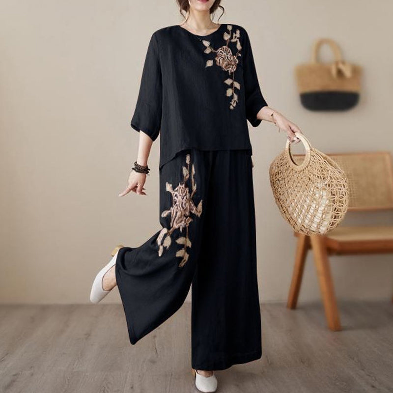 2-teiliges Set aus besticktem Baumwoll-Leinen im Vintage-Stil