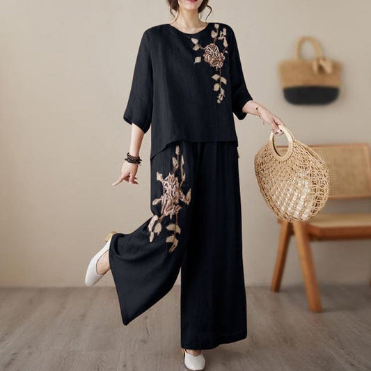 2-teiliges Set aus besticktem Baumwoll-Leinen im Vintage-Stil
