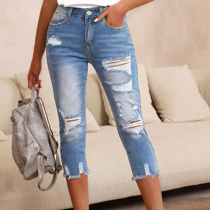 🔥Solange der Vorrat reicht 40 % Rabatt!🎉Damen-Jeans mit Used-Optik, Rissen und rohem Saum