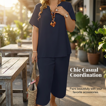 Damen-Casual-Set: Kurzarm-Oberteil & Weitbein-Hose