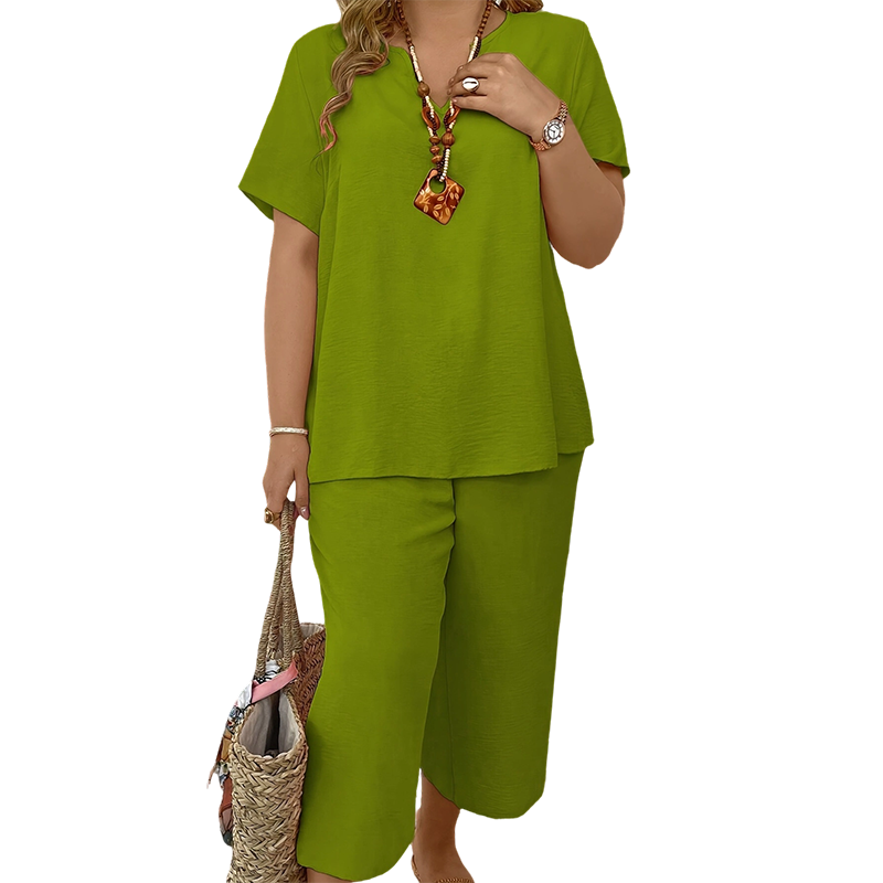 Damen-Casual-Set: Kurzarm-Oberteil & Weitbein-Hose